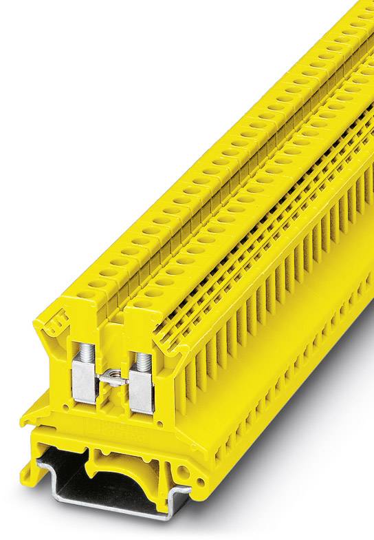 Ein gelber Reihenklemmblock, der zur elektrischen Verbindung von Kabeln in Schaltschränken verwendet wird, zeigt seine Anschlüsse.