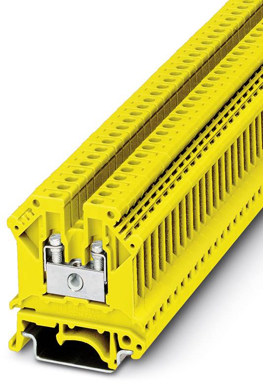 Gelbe Reihenklemme mit Schraubanschluss, zur Verbindung von elektrischen Leitern auf einer Hutschiene, industriell verwendet.