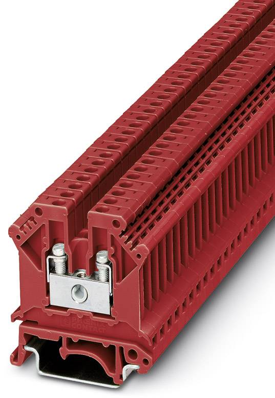 Rote elektrische Klemmschiene, seitliche Ansicht mit Schraubmechanismus, verwendet für die Verbindung von Kabeln in Schaltschränken.