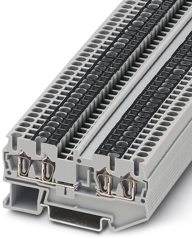 Graue Reihenklemme mit Kupferkontakten, vertikal dargestellt, zeigt mehrere Anschlussstellen für elektrische Leitungen.