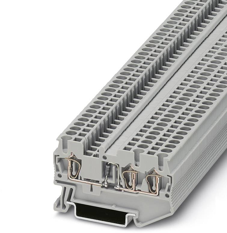 Klemmenblock in Seitenansicht zeigt mehrere Anschlussstellen für elektrische Verdrahtung mit grauem Kunststoffgehäuse und Metallkontakten.
