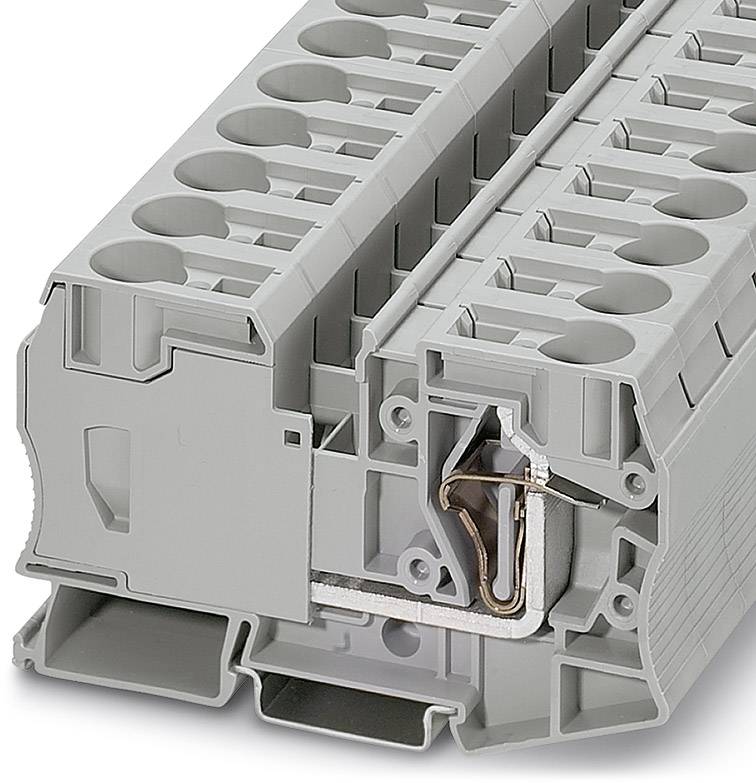 Eine graue Reihenklemme aus Kunststoff mit mehreren Anschlussmöglichkeiten für Elektrokabel, geeignet zur Befestigung auf Trageschienen.