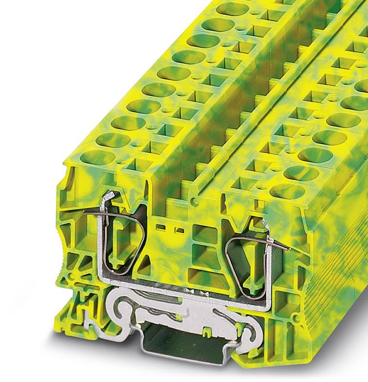 Nahaufnahme eines gelb-grünen elektrischen Steckverbinders mit Metallklemmen und mehreren Anschlussmöglichkeiten.