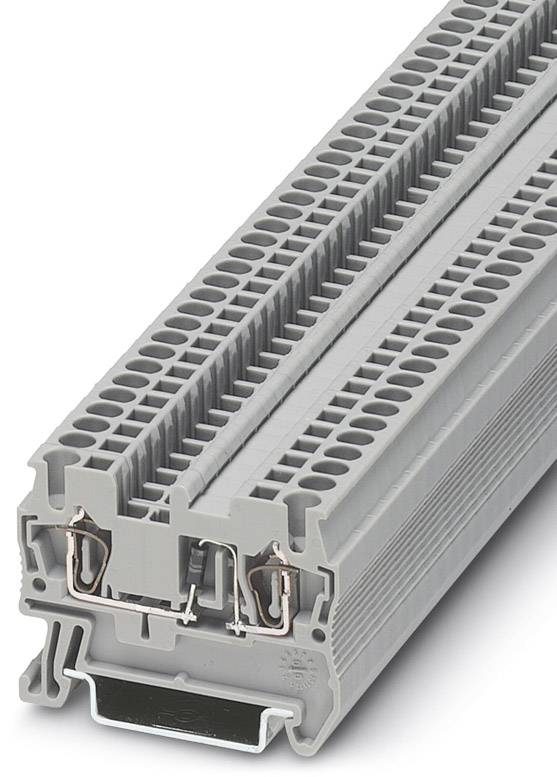 Grau Kunststoffklemme mit Kupferleitern, geeignet für industrielle elektronische Verbindungen, zeigt Detail der Drahtmontage.