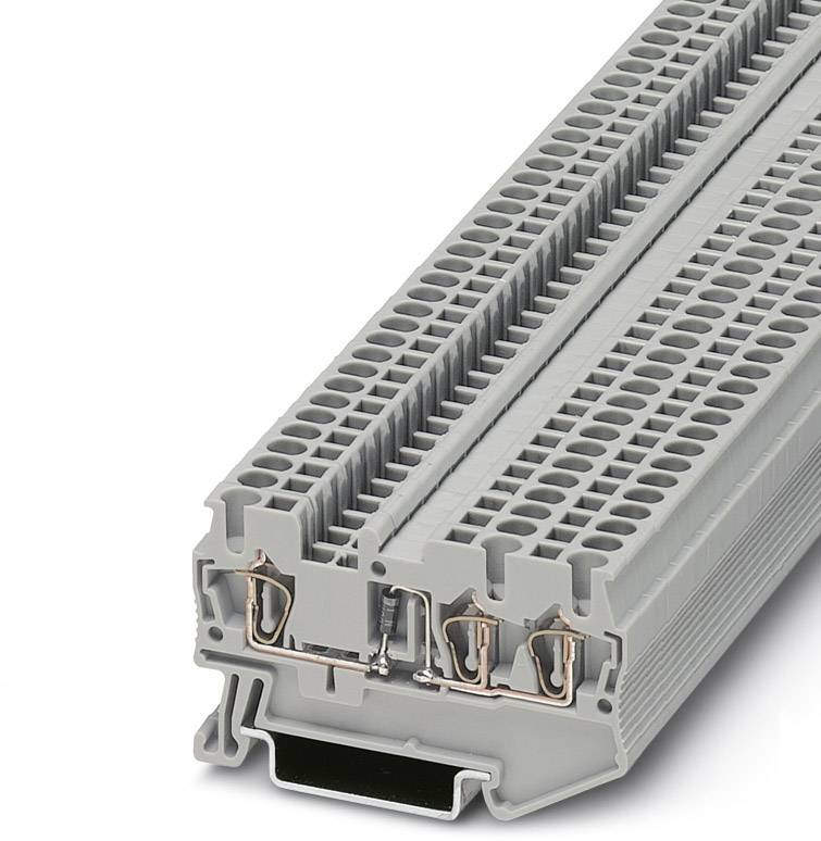 Ein grauer, modularer Reihenklemmeblock mit Kupferverbindungen und mehreren Anschlusspunkten für industrielle elektrische Schaltungen.