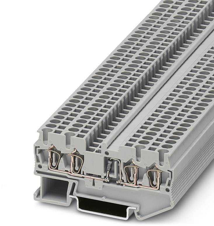 Graue Reihenklemme mit mehreren Etagen und Kupferverbindungen, verwendet zur elektrischen Verbindung und Leitung.