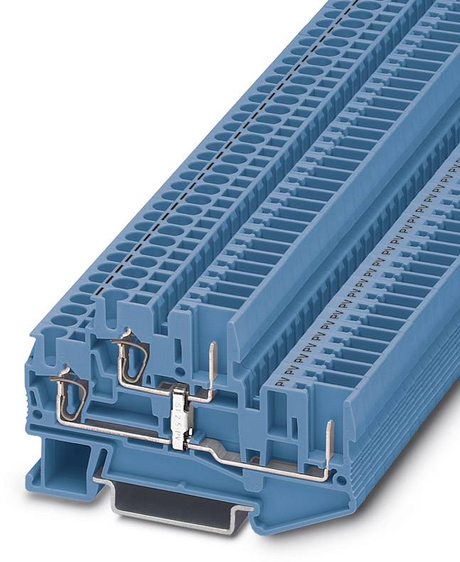Blauer Reihenklemmblock für elektrische Verdrahtung, seitliche Ansicht, zeigt Anschlussklemmen und Kupferleiter für industrielle Anwendungen.