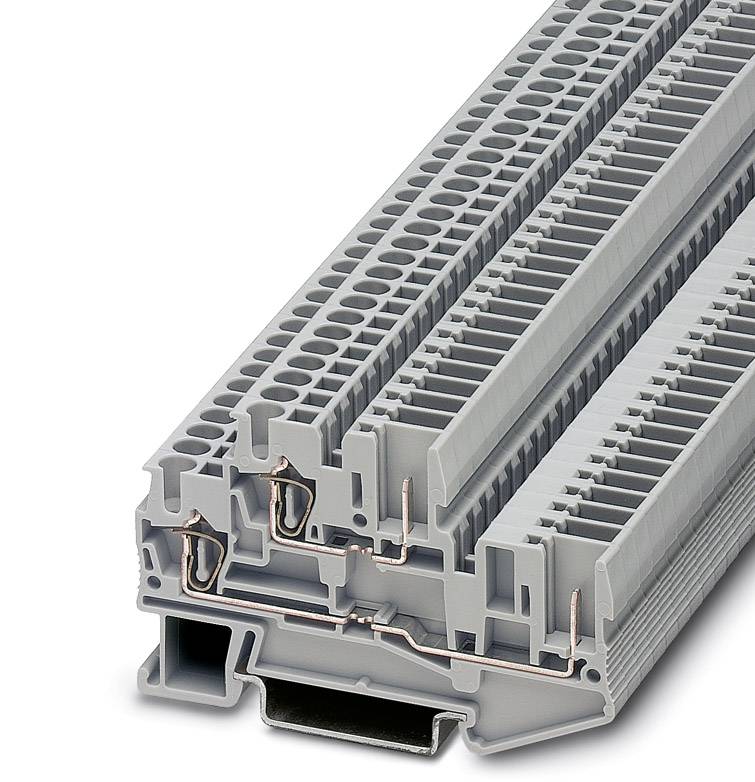 Grau Mehrstock-Reihenklemme mit Kupferverbindungen, geeignet für elektrische Anwendungen, zeigt komplexe elektrische Verkabelung.