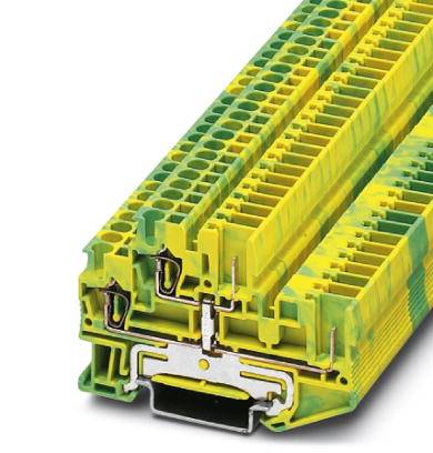 Gelb-grüne Reihenklemme mit mehreren Anschlussstellen für Verdrahtung in elektronischen Anlagen.