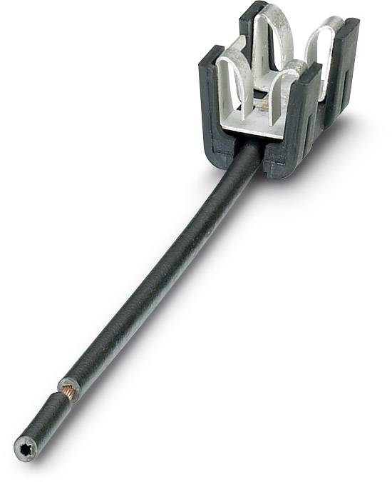 Schwarzes Kabel mit einem metallischen Anschlussstück. Das Kabel ist an einem Kunststoffhalter befestigt.