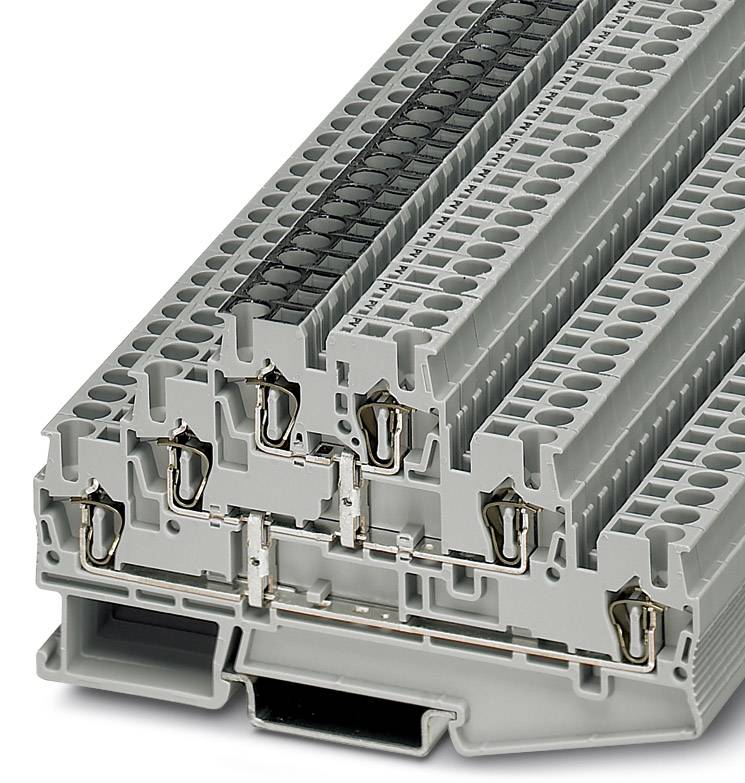 Graue Elektro-Reihenklemme mit mehreren Ebenen für die Montage auf Hutschienen, verwendet zur Verdrahtung und Stromverteilung.