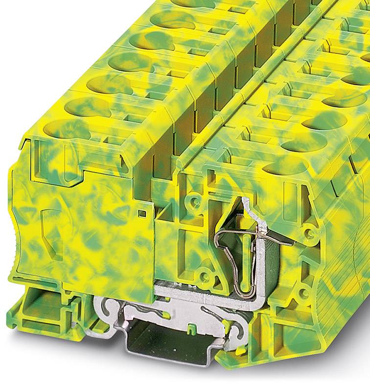 Eine gelb-grün gemusterte elektrische Klemme mit Metallklemmen, geeignet für Erdungs- und Verbindungszwecke in Elektroschaltungen.