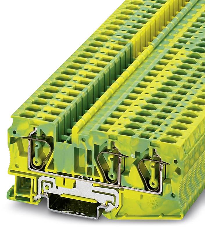 Gelb-grüne Reihenklemme mit mehreren Anschlüssen, geeignet für die sichere Verbindung von elektrischen Leitungen in Schaltschränken.