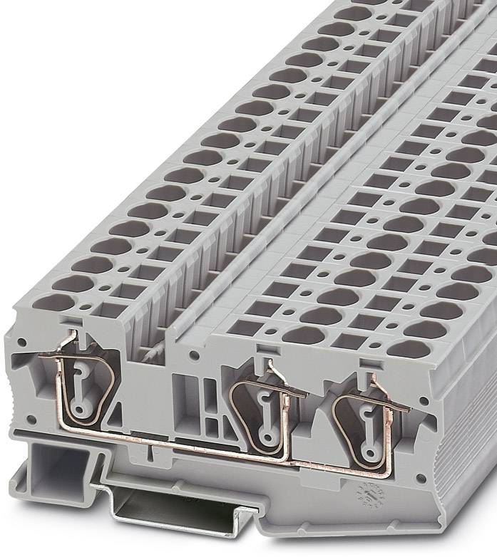 Ein grauer, elektrischer Reihenklemmenblock mit mehreren Anschlussstellen und Kupferkontakten, typisch verwendet in Schaltschrankanwendungen.