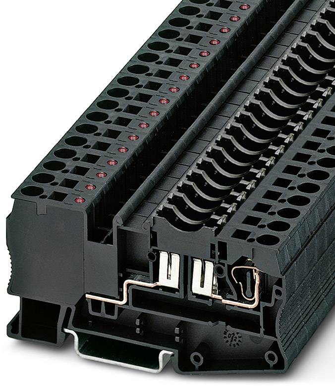 Ein schwarzer, modularer Klemmenblock mit mehreren Anschlüssen und geöffneter Seitenansicht zeigt innere Metallkontakte.