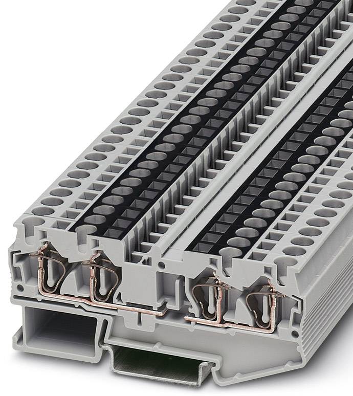 Elektrische Reihenklemme mit mehreren Anschlüssen und silbernen Kontakten in einem grauen Gehäuse, verwendet für Schaltanlagen.