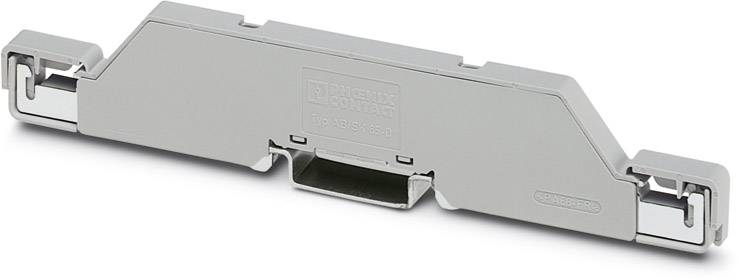Ein grauer Endhalter zur Befestigung auf einer Hutschiene, verwendet in elektrischen oder elektronischen Installationen.