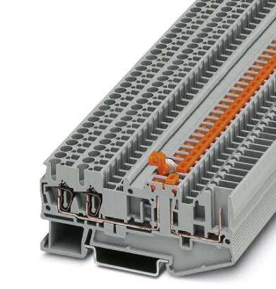 Grau-orange Klemme für Elektrotechnik, zeigt mehrere Verbindungspunkte zur Befestigung von Kabeln.