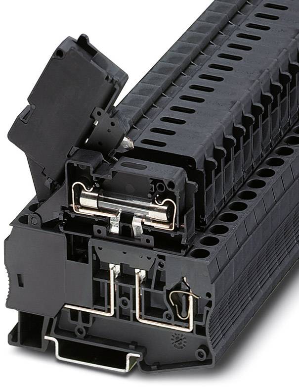Ein geöffneter schwarzer Druckerkartuschenhalter mit sichtbaren elektrischen Kontakten und Steckverbindungen.