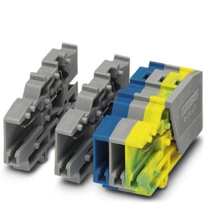 Graue und blaue Klemmenblöcke nebeneinander, verbunden durch gelb-grüne Isolatoren.