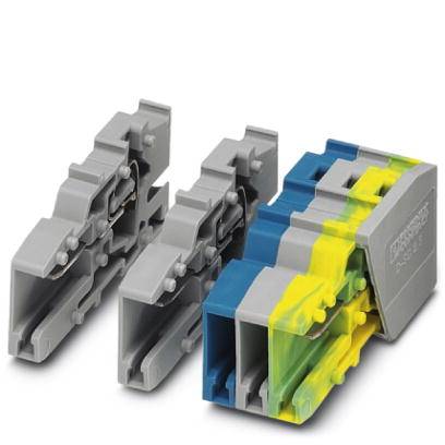 Drei graue Kunststoffklemmen mit jeweils einem blauen, gelben und grünen Element zur elektrischen Leitungsverbindung.