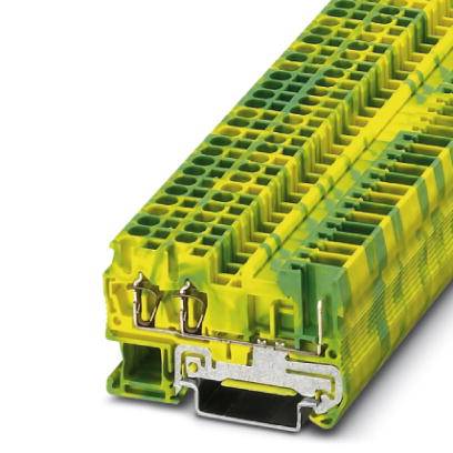 Gelb-grüner elektrischer Verteilerblock mit mehreren Anschlüssen, zur Befestigung auf einer Schiene geeignet.