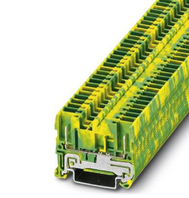 Ein gelb-grüner Reihenklemmenblock mit Metallanschluss, typisches Bauteil in elektrischen Schaltschränken für Kabelverbindungen.