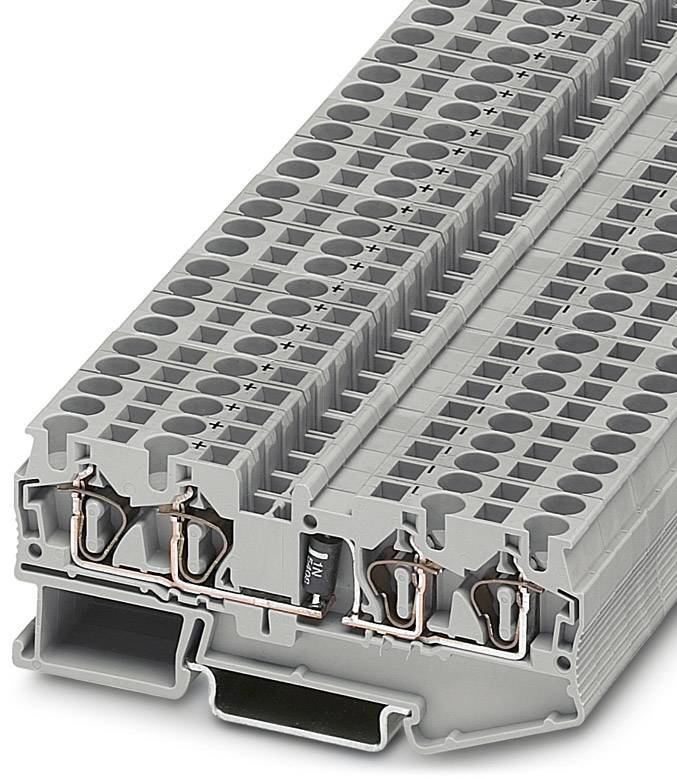 Graues, mehrstöckiges Kunststoffklemmenblock-Modul mit vielen Anschlüssen und internen Kupferleitern für elektrische Verdrahtung.