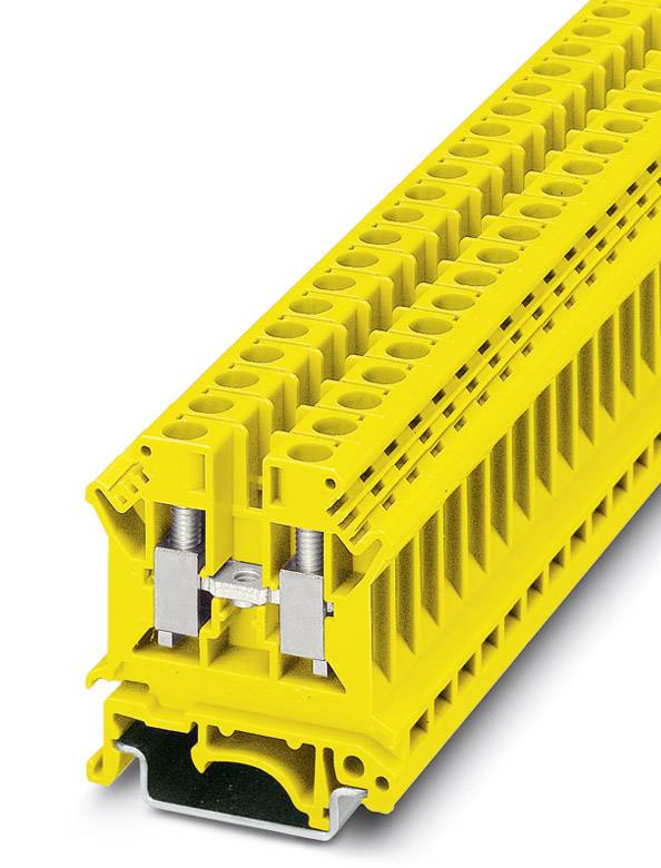 Gelber Reihenklemmenblock mit mehreren Anschlusspunkten, für die Verbindung und Organisation elektrischer Schaltkreise.