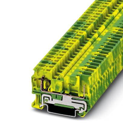 Gelb-grüner Klemmenblock mit metallischen Kontakten. Verwendet für elektrische Verbindungen in industriellen Anwendungen.