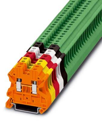 Mehrstock-Reihenklemme in verschiedenen Farben für elektrische Anschlüsse, hauptsächlich grün mit orangem Sockel.