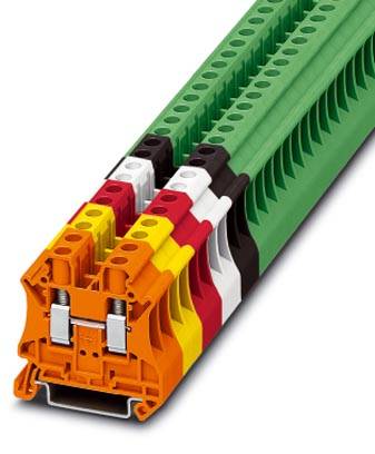 Eine mehrfarbige Reihenklemme mit grünen, schwarzen, weißen, roten, gelben und orangen Abschnitten für teilspezifische elektrische Verbindungen.