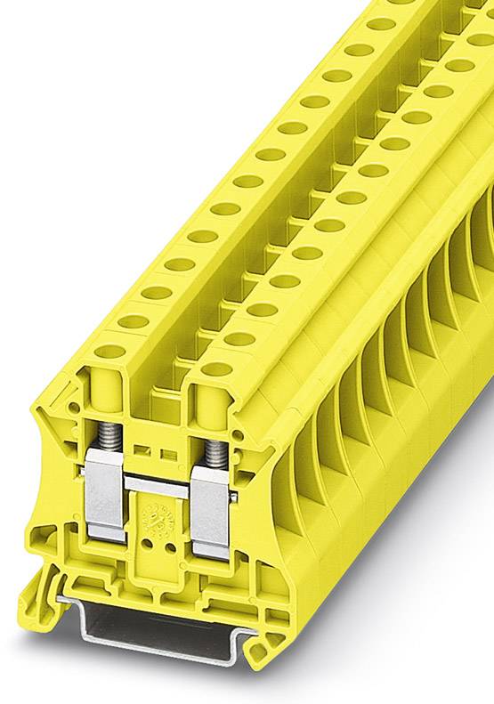 Gelber Reihenklemmenblock mit mehrfachen Anschlussmöglichkeiten und stabiler Tragschienenmontage. Ideal für elektrische Installationen.