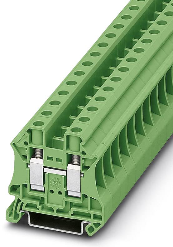 Grüne Reihenklemme mit zwei Schraubanschlüssen für elektrische Verbindungen, auf weißem Hintergrund abgebildet.