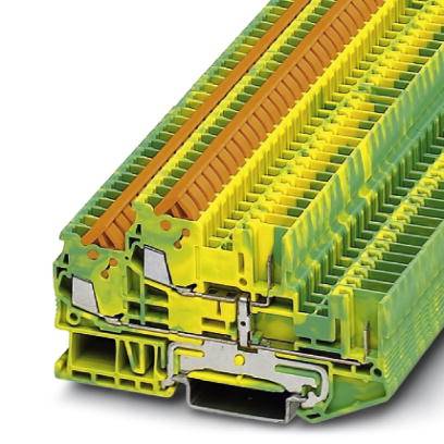 Gelb-grüner Reihenklemmenblock, für elektrische Anschlüsse in Schaltschränken, zeigt detaillierte Struktur und Bauweise.