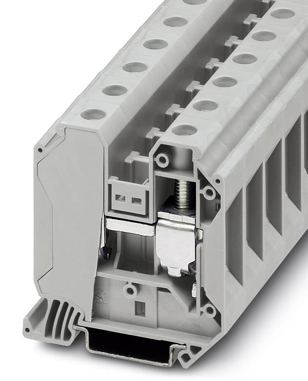 Ein grauer, rechteckiger Klemmenblock mit mehreren Anschlüssen und einer internen Metallverbindung zur elektrischen Verbindung in Schalttafeln.
