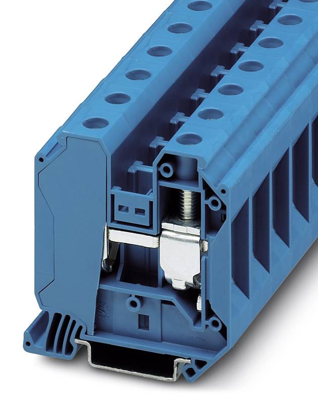 Nahaufnahme eines blauen elektrischen Steckverbinders mit sichtbaren internen Mechanismen und Schraubbefestigungselementen.
