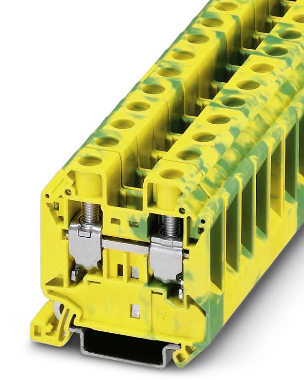 Gelb-grün marmorierte Reihenklemme mit Schraubanschluss zur sicheren Verbindung von elektrischen Leitungen auf einer Hutschiene.