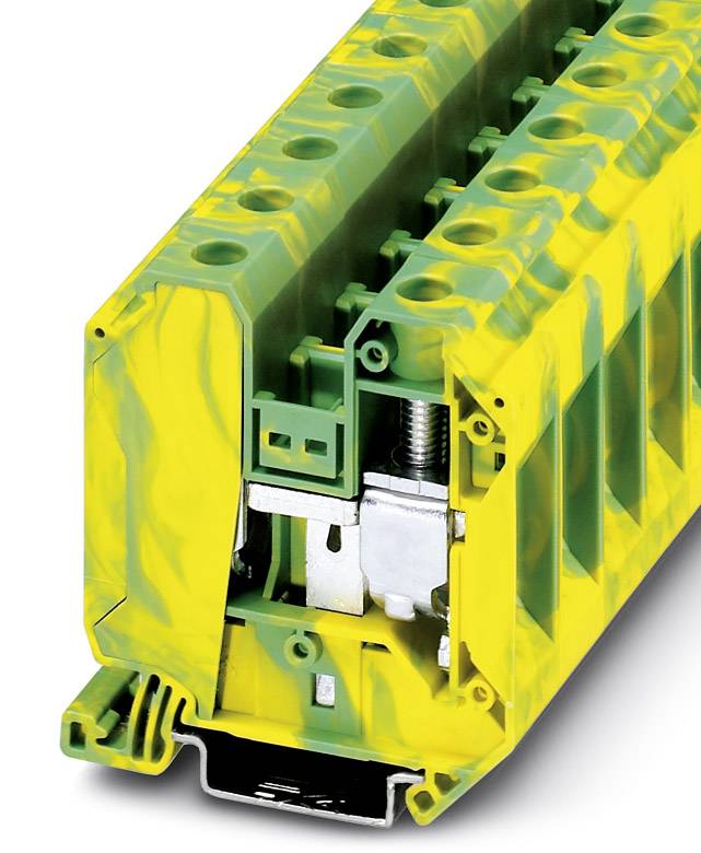 Reihenklemme gelb-grün: Detailansicht zeigt Innenmechanismus mit Klemmelement. Verwendung in elektrischen Schaltschränken.