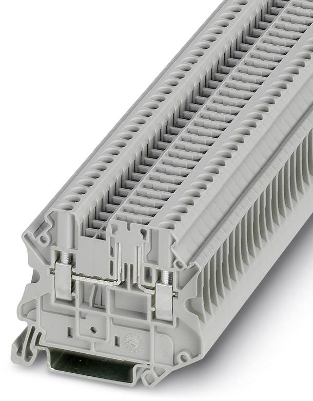 Ein grauer, mehrstöckiger Reihenklemmenblock für elektrische Verkabelung mit mehreren Kabelanschlüssen.