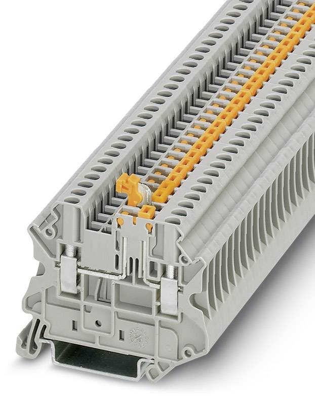 Graue Reihenklemme mit orangen Elementen, geeignet für elektrische Anschlüsse in Schalttafeln oder Verteilerschränken.