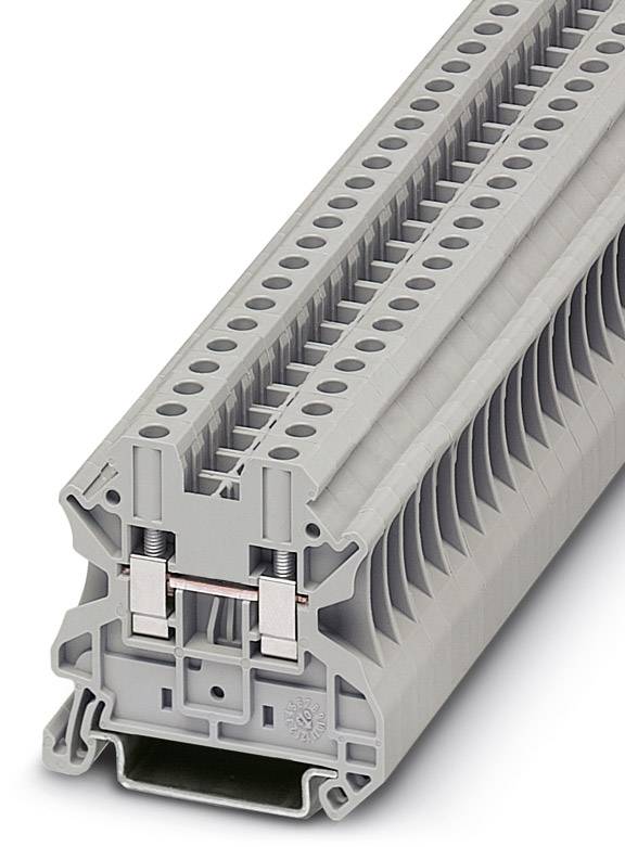 Graue Reihenklemme aus Kunststoff mit mehreren Anschlussmöglichkeiten für industrielle elektrische Verdrahtungsanwendungen.
