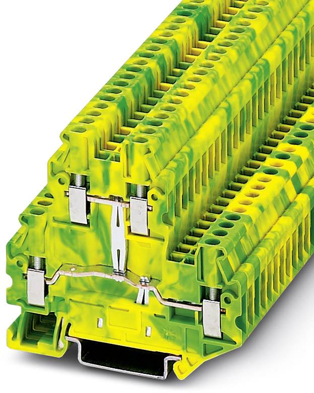 Gelb-grüner Reihenklemmenblock mit mehreren Anschlüssen, verwendet für elektrische Verbindungen in Schaltschrankinstallationen.