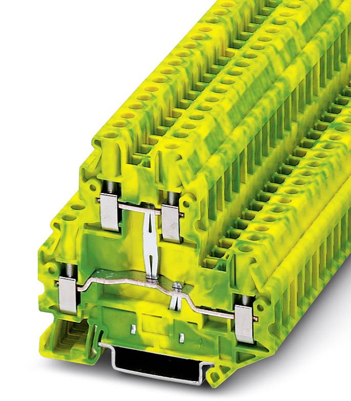 Mehrstöckige Reihenklemme in Gelb-Grün verwendet zur elektrischen Verbindung und Erdung in Schaltschränken.