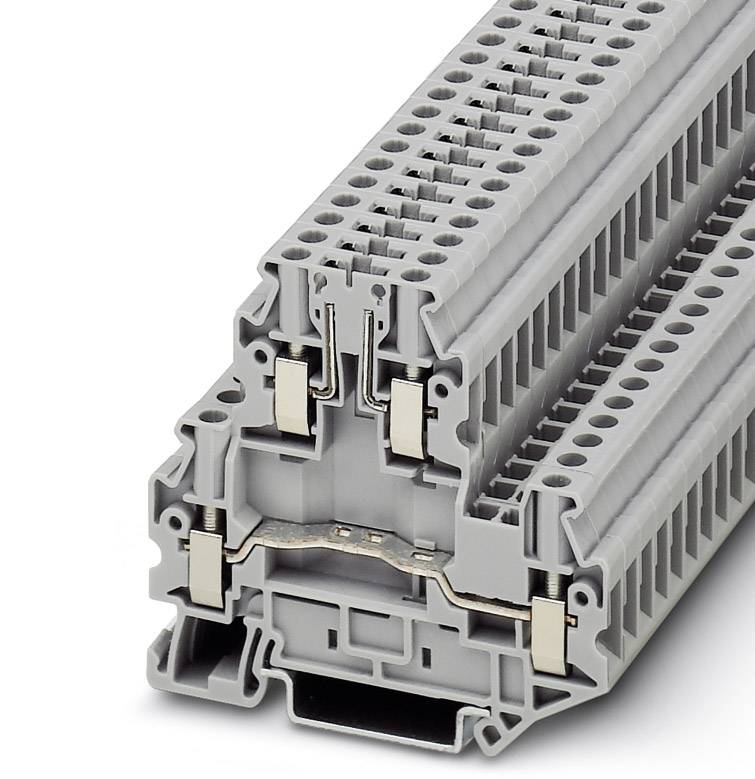 Grau isolierte Reihenklemme mit mehreren Ebenen und Schraubanschlüssen, verwendet zur Verbindung von elektrischen Leitungen in Schalttafeln.