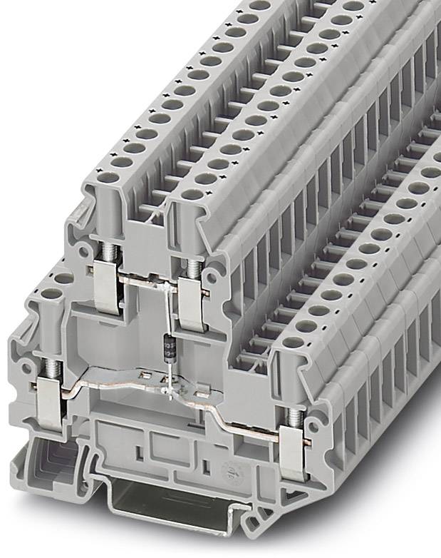 Ein mehrstöckiger grauer Reihenklemmenblock, der in elektrischen Schaltkästen zur Verkabelung und Verteilung von Stromleitungen verwendet wird.