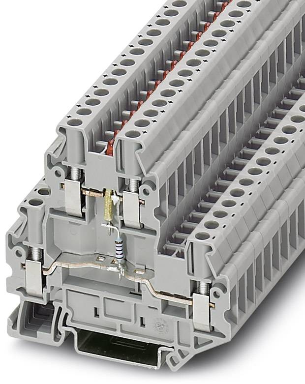 Graue Reihenklemme mehrstöckig, mit Anschlussklemmen oben und unten, geeignet für elektrische Verbindungen in Schaltschränken.