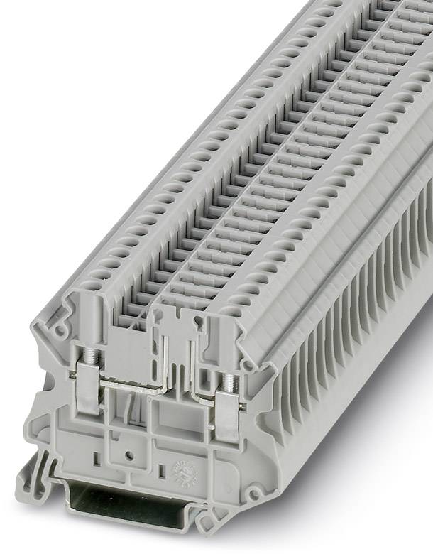 Ein grauer Reihenklemmenblock aus Kunststoff mit mehreren Ebenen und Anschlüssen zur elektrischen Verdrahtung in Schalttafeln.