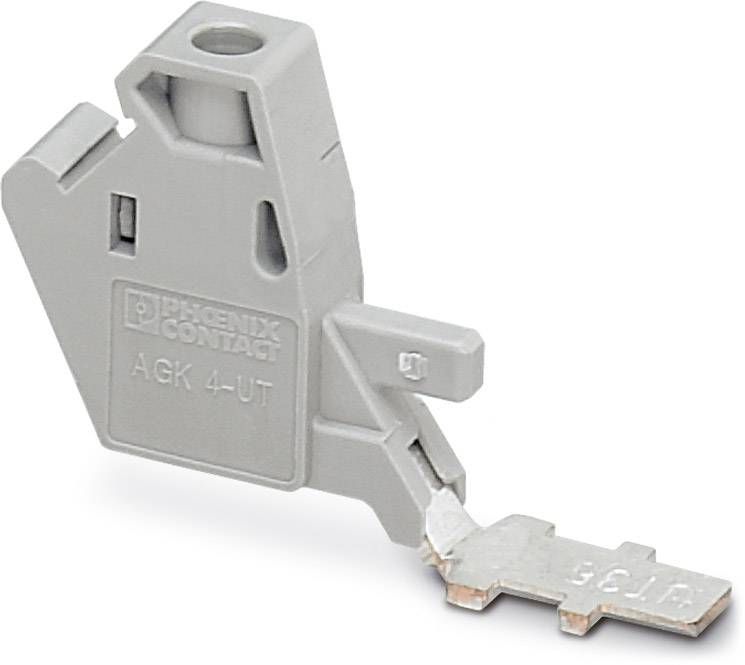Ein graues, trapezförmiges Elektronikbauteil mit der Aufschrift 'AGK 4-UT' von Phoenix Contact, verwendet in elektrischen Verbindungen.