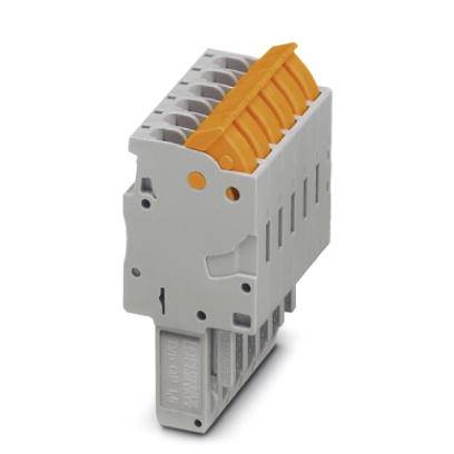 Orange-grauer Steckverbinder mit mehreren Anschlussklemmen zur elektrischen Verbindung. Seitenansicht zeigt strukturelles Design.